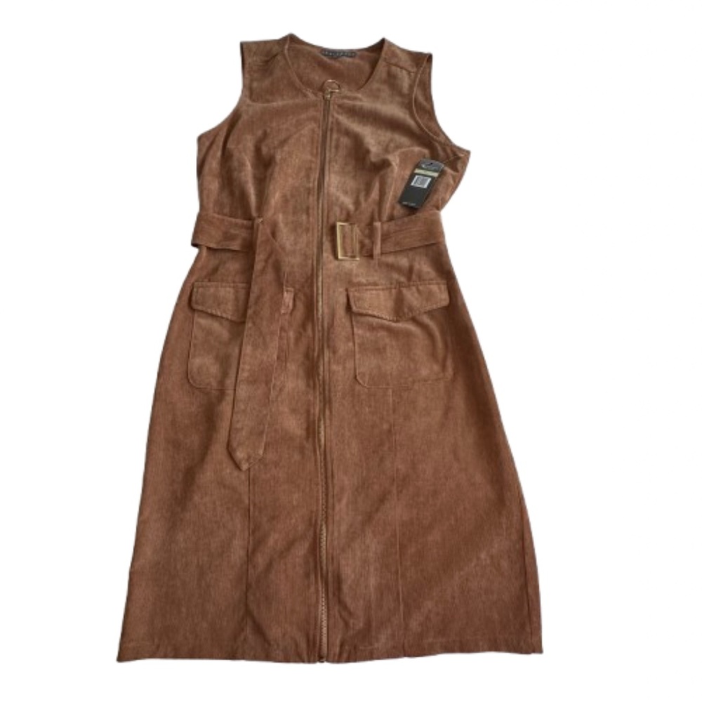 NWT Sharagano Women' 4 Brown Wet Sand Sleeveless Full Zip Midi Corduroy Dress - Picture 5 of 15